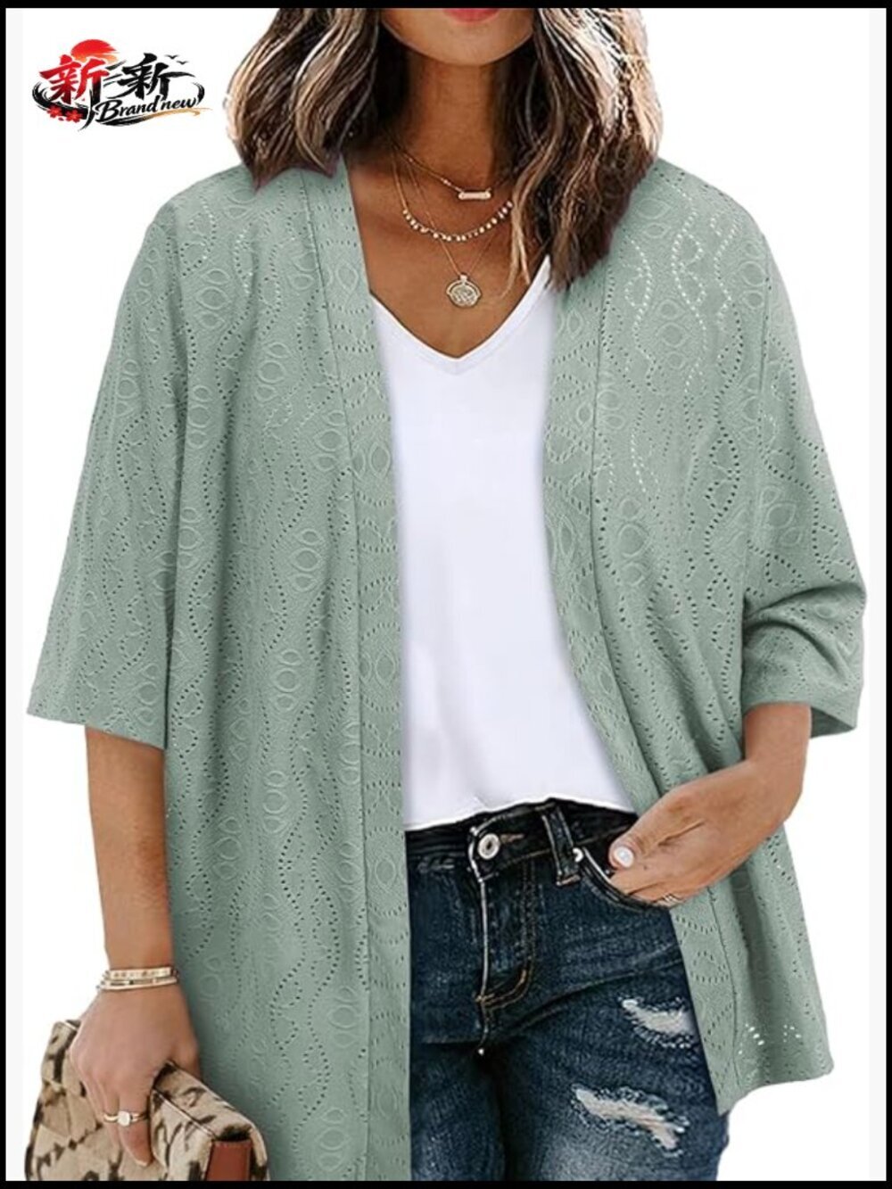 Plus Size Half Sleeve Kimono Open Front Cardigan Jacquard Knit Summer Swimsuit